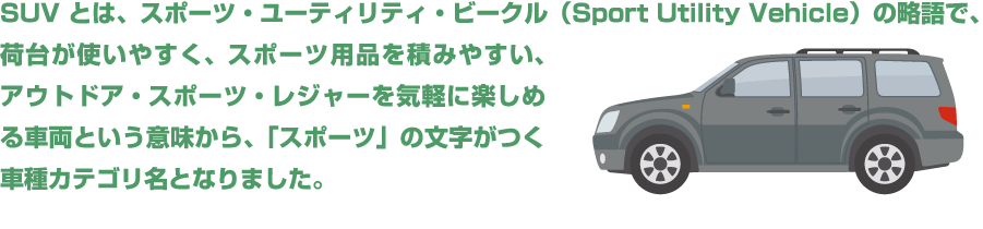 SUVとは、スポーツ・ユーティリティ・ビークル（Sport Utility Vehicle）の略語で、荷台が使いやすく、スポーツ用品を積みやすい、アウトドア・スポーツ・レジャーを気軽に楽しめる車両という意味から、「スポーツ」の文字がつく車種カテゴリ名となりました。